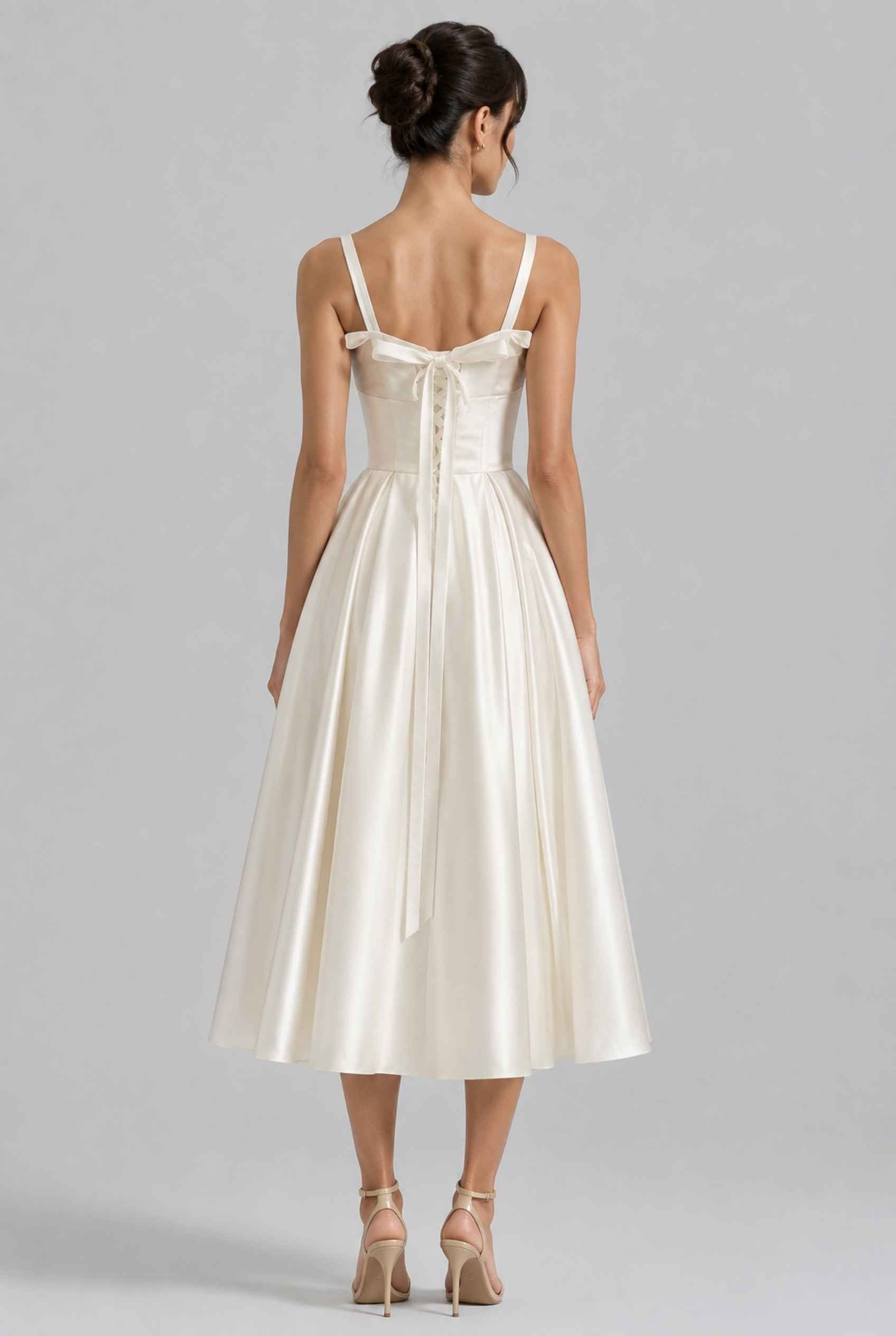 Virtual model wearing The Mariposa Bow Satin Dress Ivory Satin Bow A-Line Gown