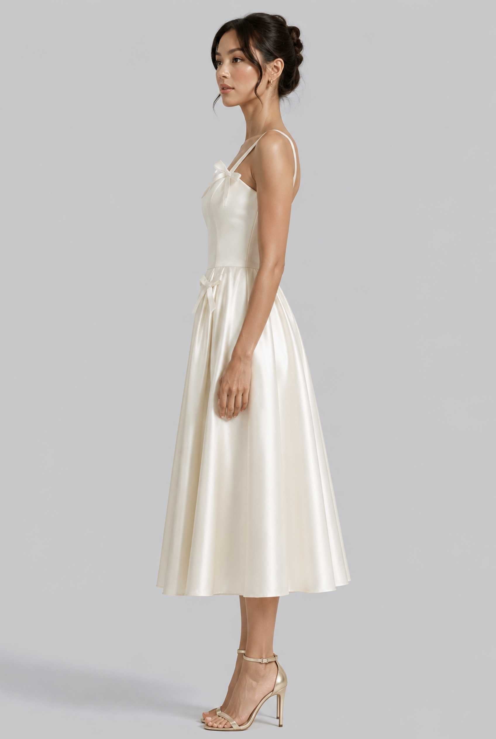 Virtual model wearing The Mariposa Bow Satin Dress Ivory Satin Bow A-Line Gown