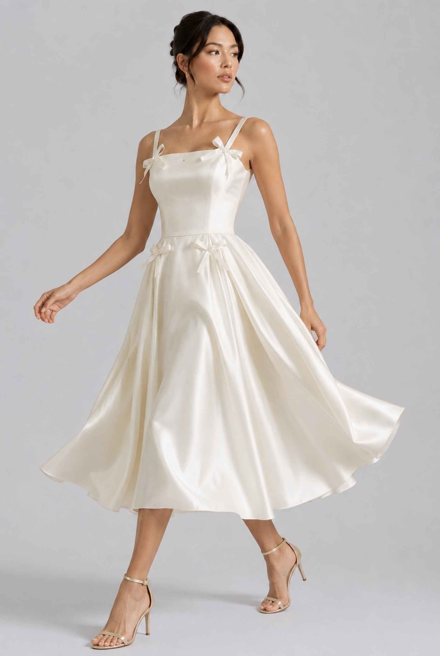 Virtual model wearing The Mariposa Bow Satin Dress Ivory Satin Bow A-Line Gown