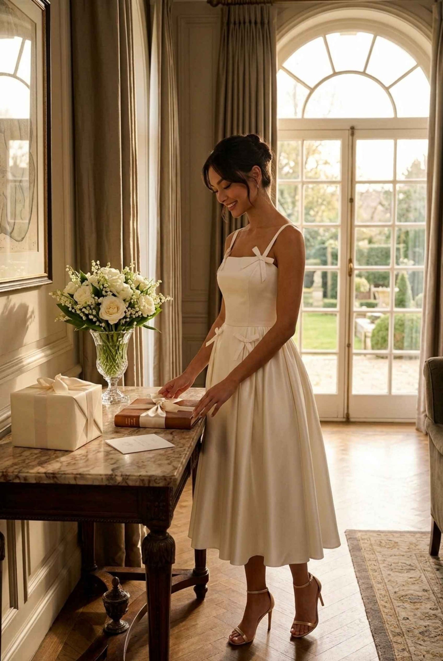 Virtual model wearing The Mariposa Bow Satin Dress Ivory Satin Bow A-Line Gown