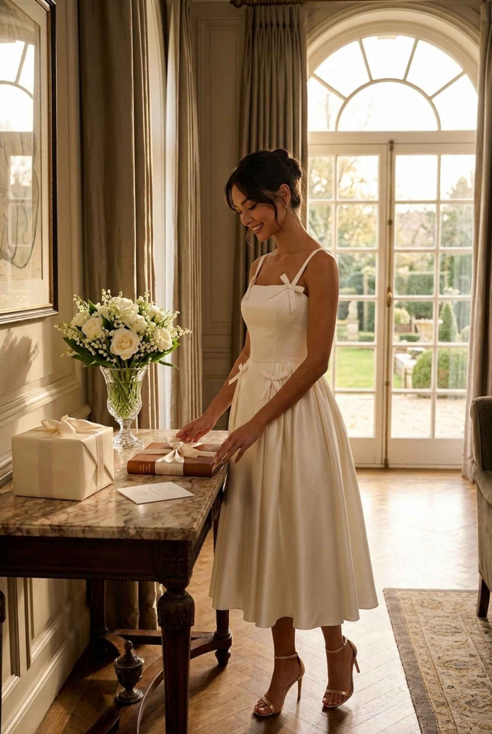 Virtual model wearing The Mariposa Bow Satin Dress Ivory Satin Bow A-Line Gown