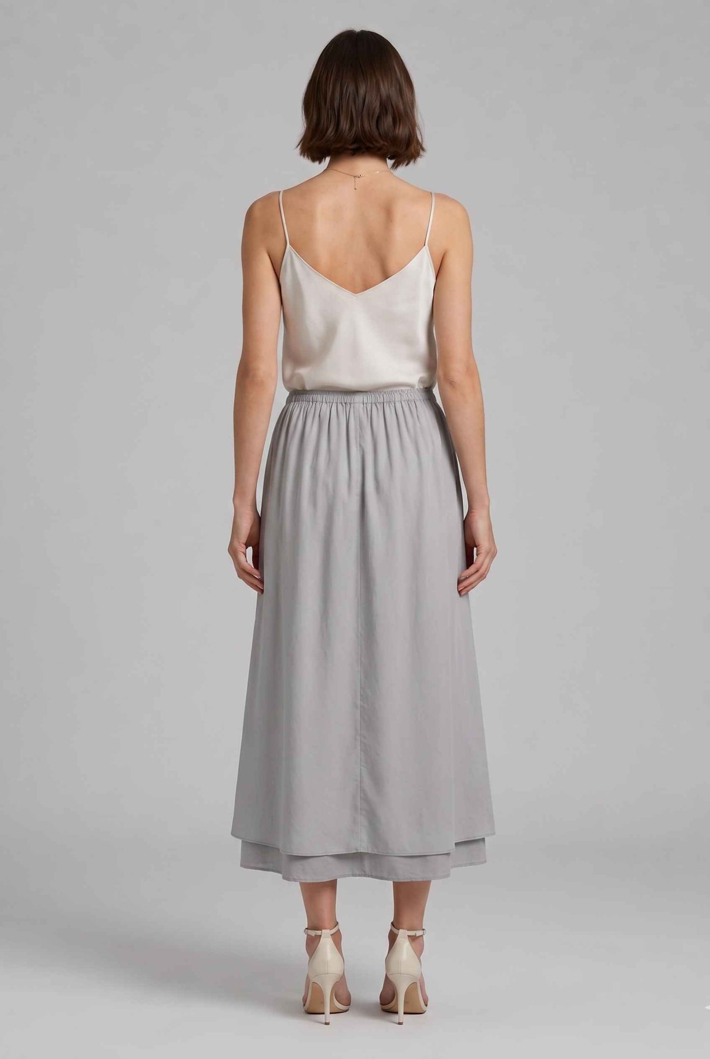 Virtual Model wearingThe Marlowe Layered Skirt Layered Drawstring Gray Midi Skirt