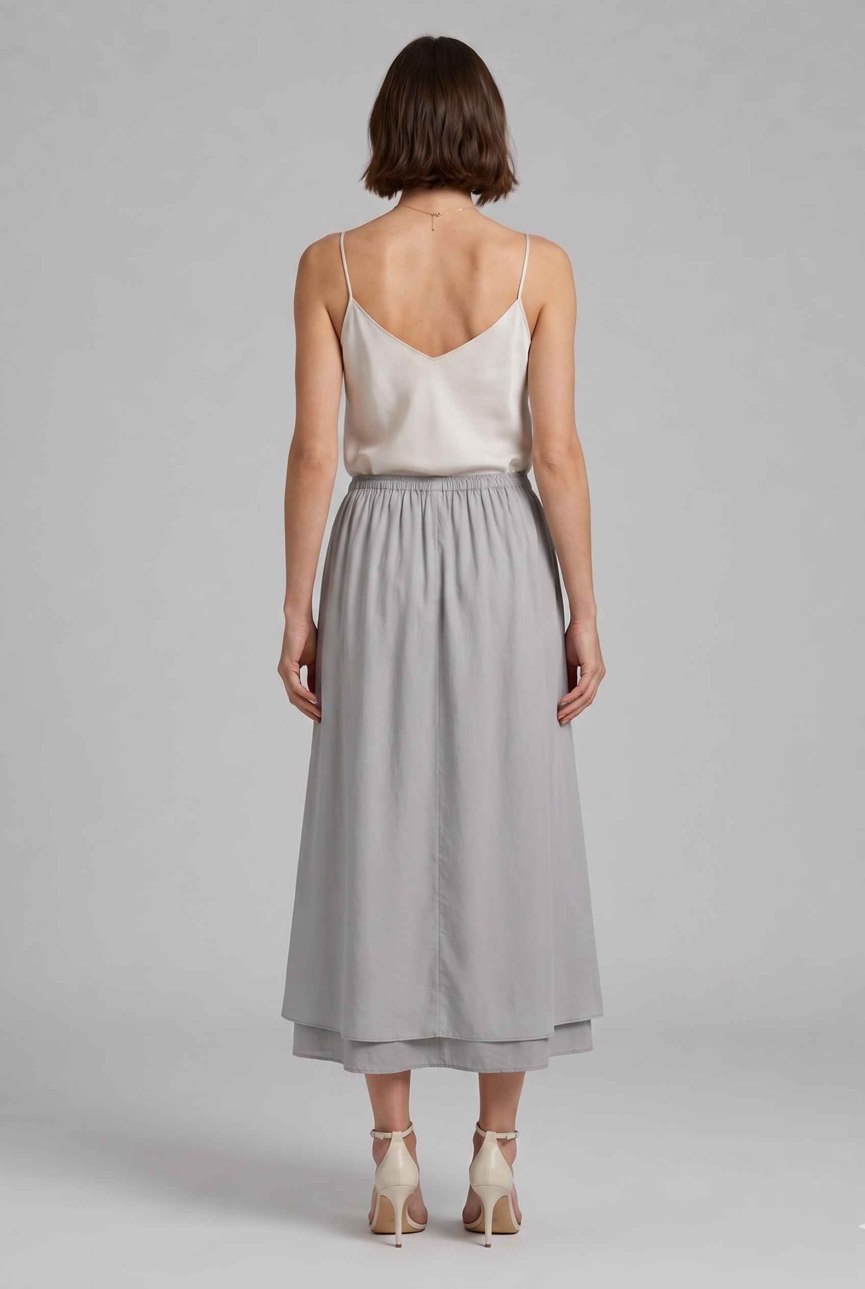 Virtual Model wearingThe Marlowe Layered Skirt Layered Drawstring Gray Midi Skirt