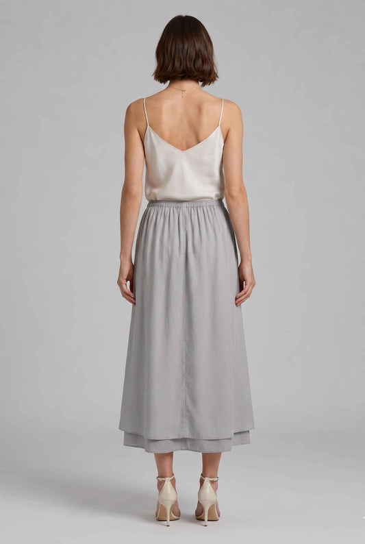 Virtual Model wearingThe Marlowe Layered Skirt Layered Drawstring Gray Midi Skirt