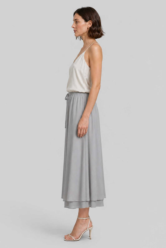 Virtual Model wearingThe Marlowe Layered Skirt Layered Drawstring Gray Midi Skirt