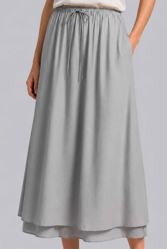 Virtual Model wearingThe Marlowe Layered Skirt Layered Drawstring Gray Midi Skirt
