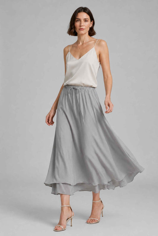 Virtual Model wearingThe Marlowe Layered Skirt Layered Drawstring Gray Midi Skirt