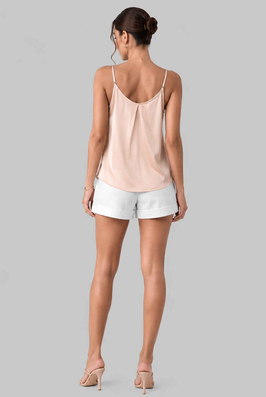Virtual model wearing The Maya Swing Camisole Pleated Scoop Neck Swing Tank Top in Beige
