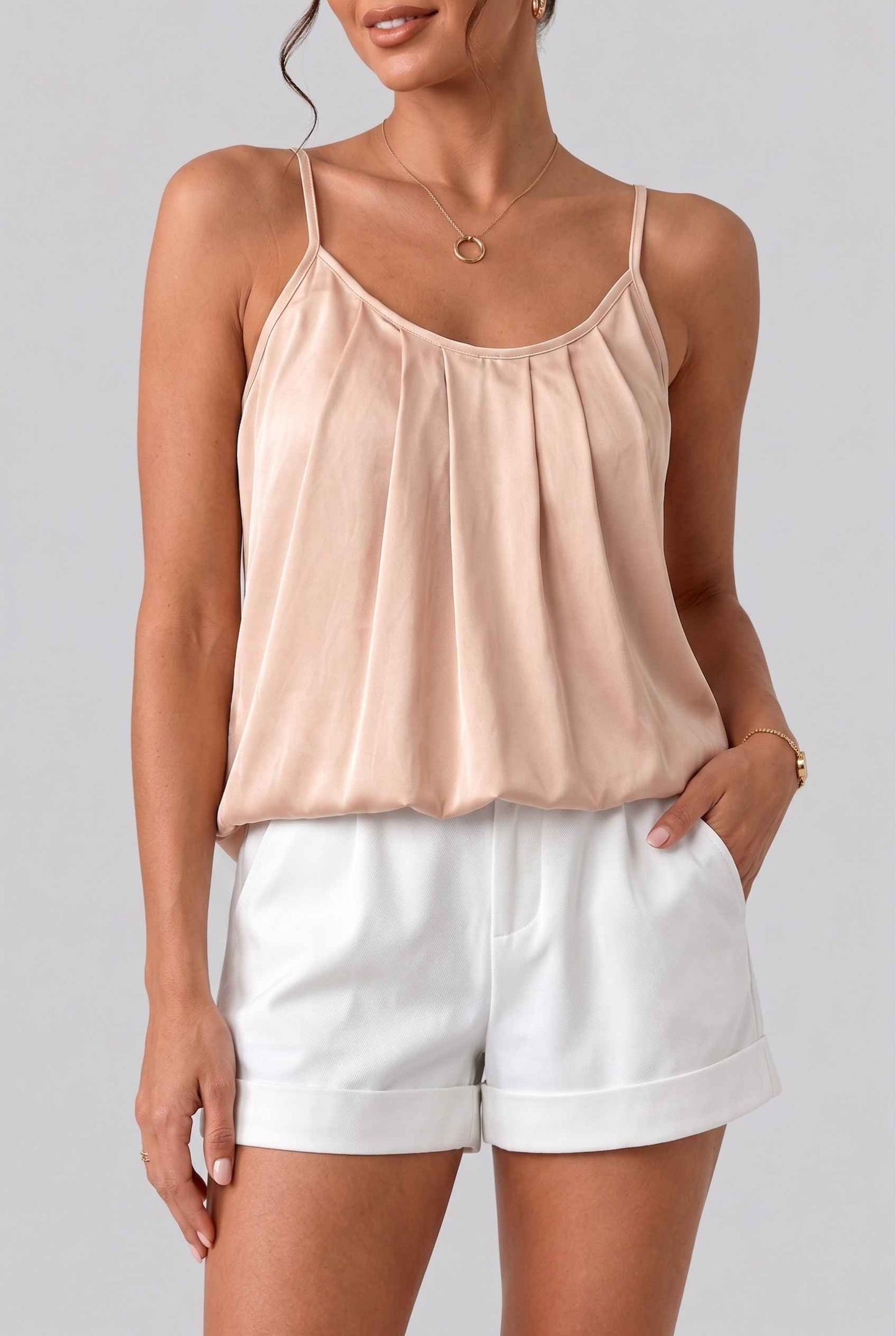 Virtual Model wearing The Maya Swing Camisole Pleated Scoop Neck Swing Beige Tank Top