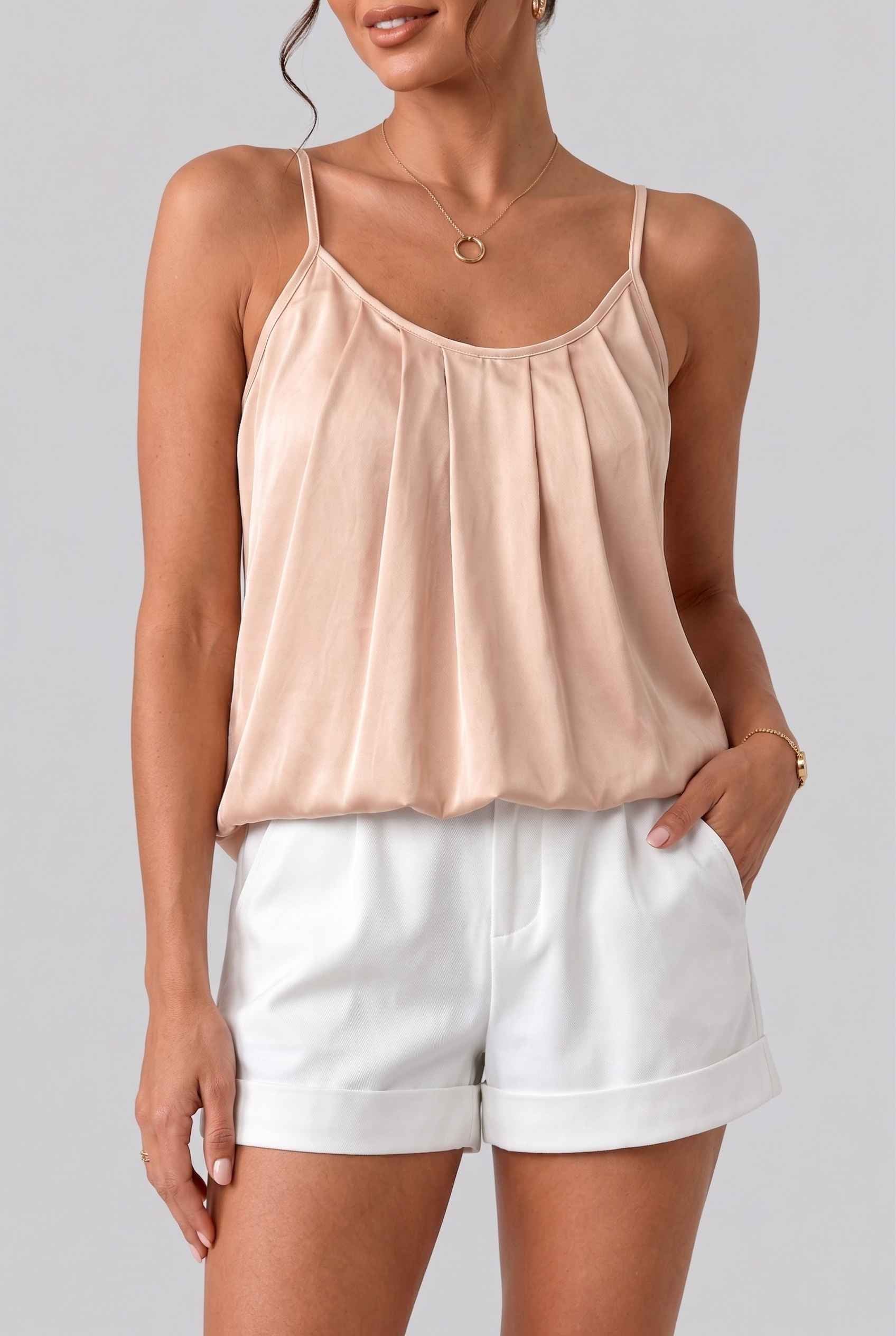 Virtual Model wearing The Maya Swing Camisole Pleated Scoop Neck Swing Beige Tank Top