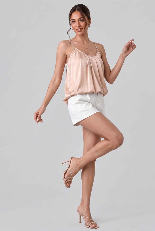 Virtual model wearing The Maya Swing Camisole Pleated Scoop Neck Swing Tank Top in Beige