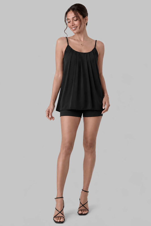 Virtual model wearing The Maya Swing Camisole Pleated Scoop Neck Swing Tank Top in Black
