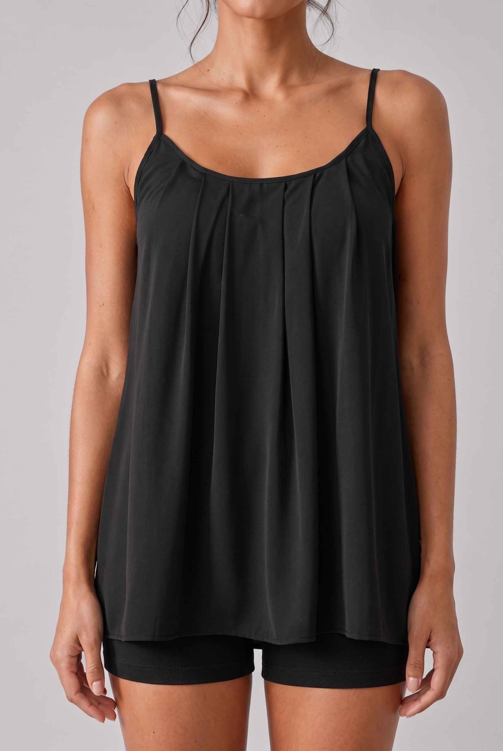 Virtual Model wearing The Maya Swing Camisole Pleated Scoop Neck Swing Black Tank Top