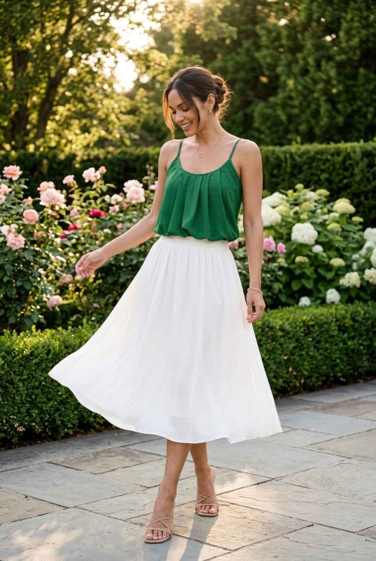 Virtual model wearing The Maya Swing Camisole Pleated Scoop Neck Swing Tank Top in Green