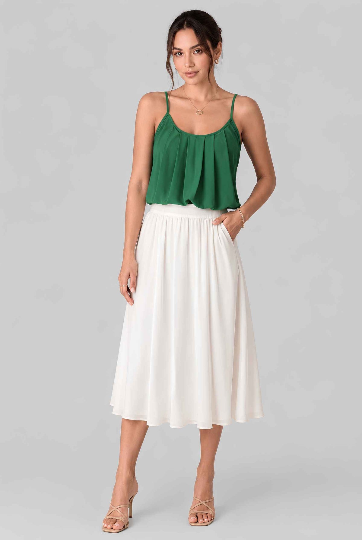 Virtual model wearing The Maya Swing Camisole Pleated Scoop Neck Swing Tank Top in Green