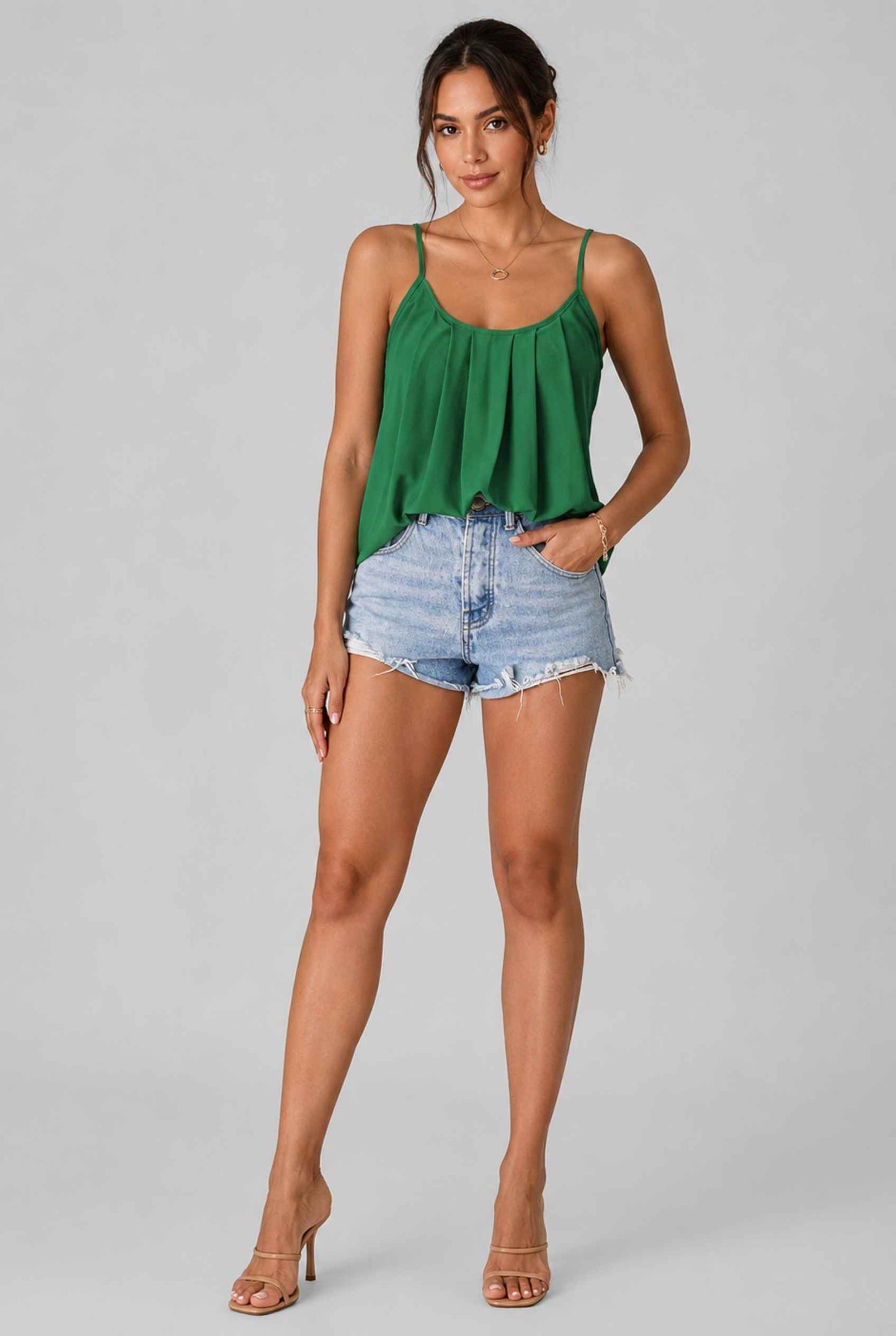 Virtual Model wearing The Maya Swing Camisole Pleated Scoop Neck Swing Green Tank Top