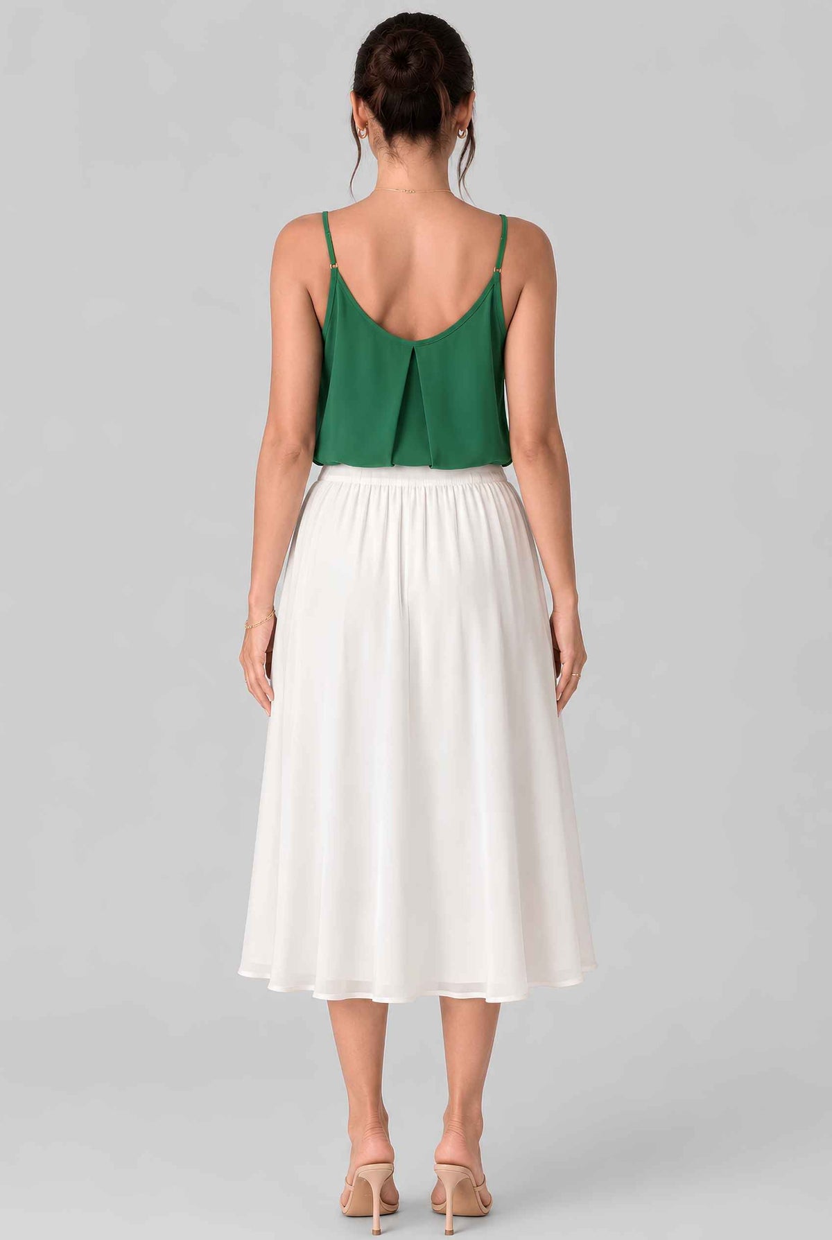 Virtual model wearing The Maya Swing Camisole Pleated Scoop Neck Swing Tank Top in Green