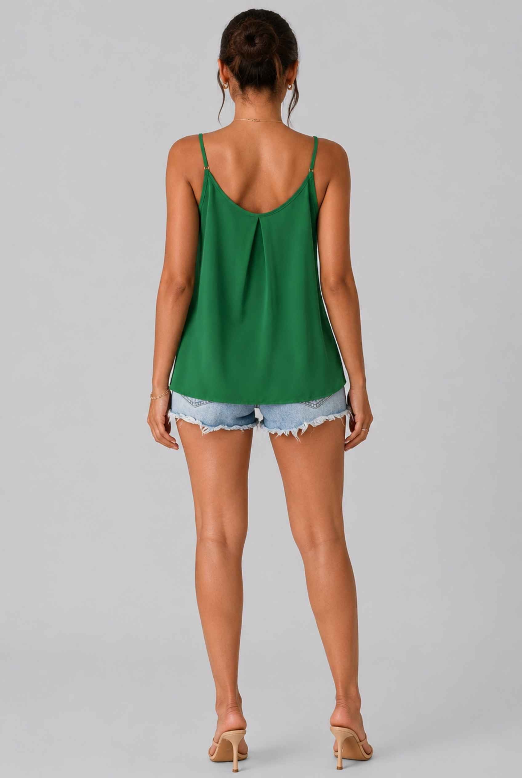 Virtual Model wearing The Maya Swing Camisole Pleated Scoop Neck Swing Green Tank Top
