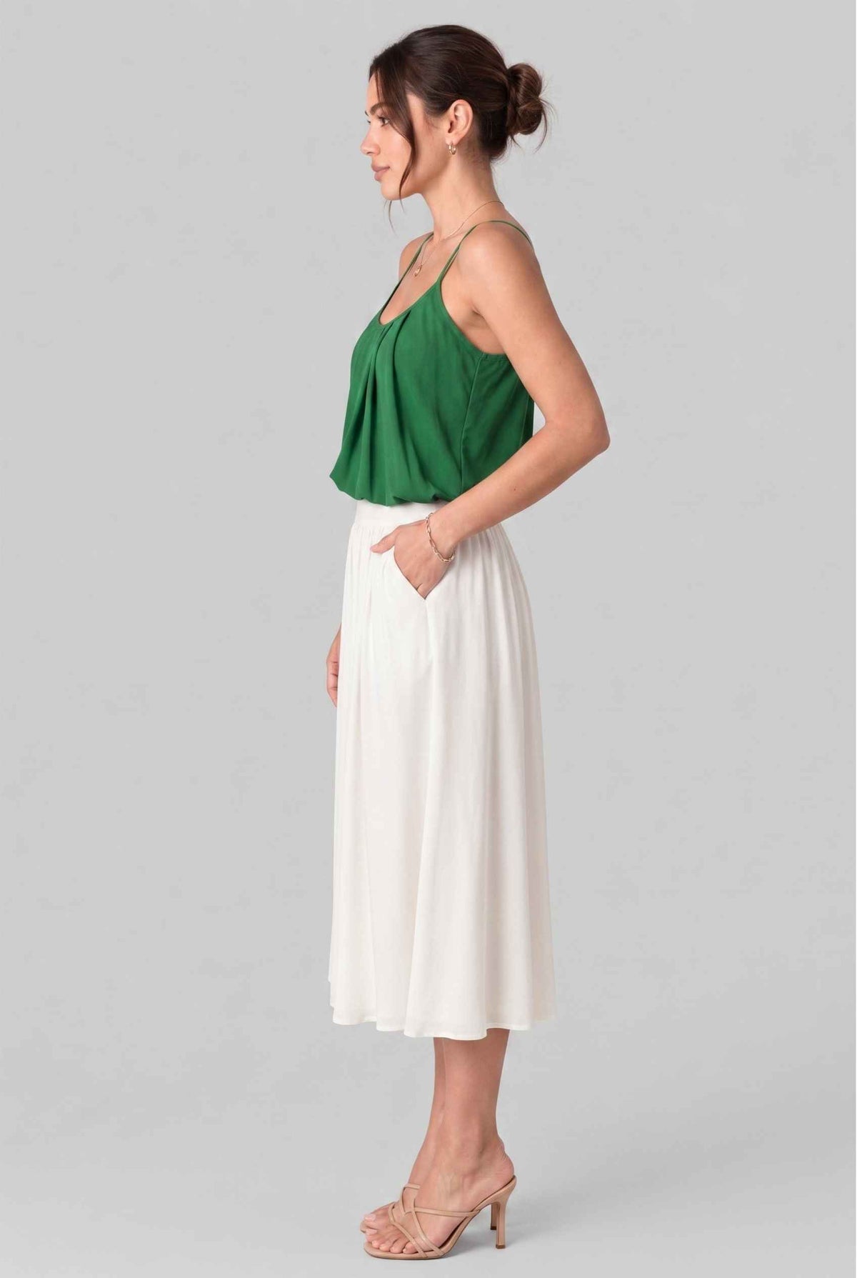 Virtual model wearing The Maya Swing Camisole Pleated Scoop Neck Swing Tank Top in Green