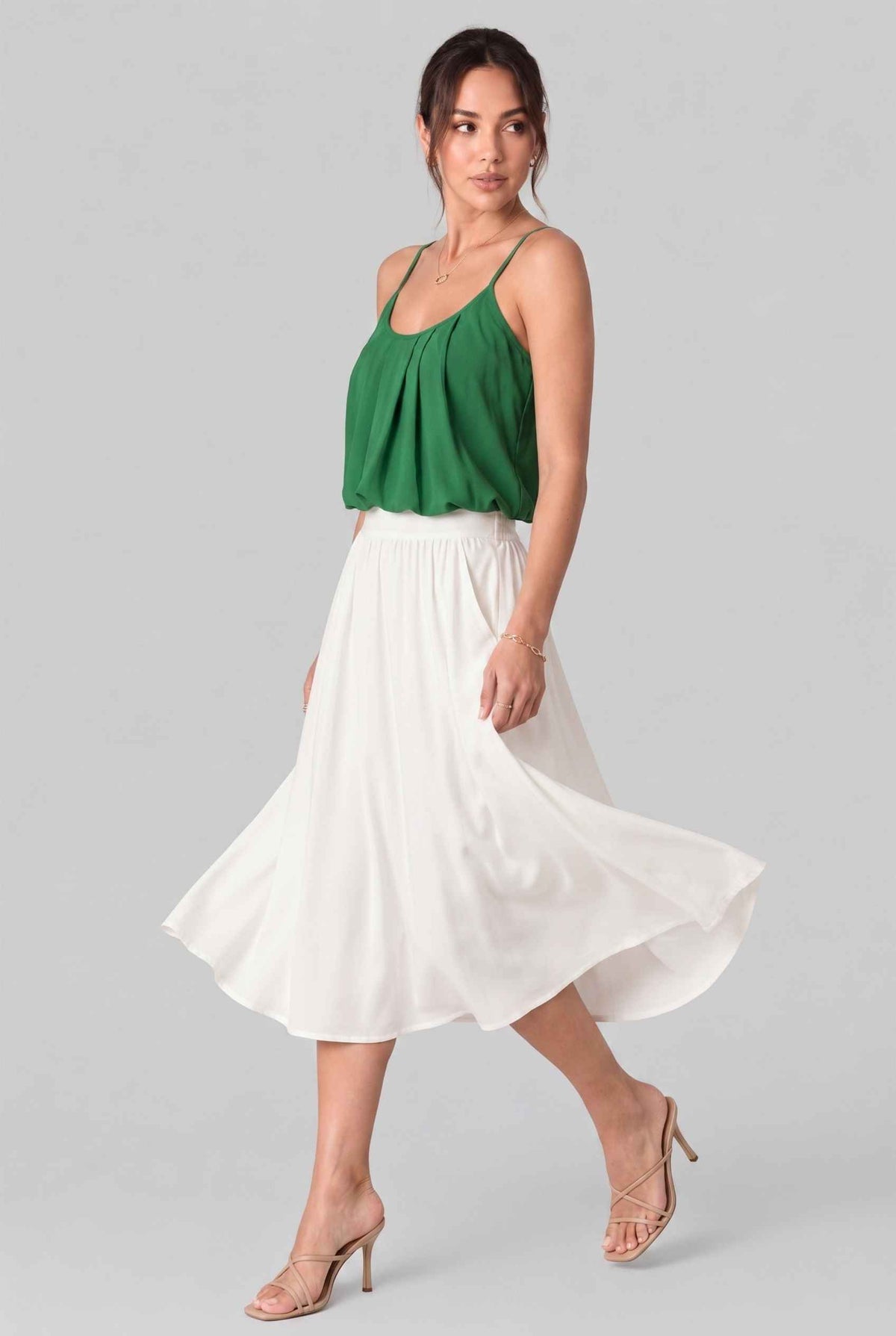Virtual model wearing The Maya Swing Camisole Pleated Scoop Neck Swing Tank Top in Green