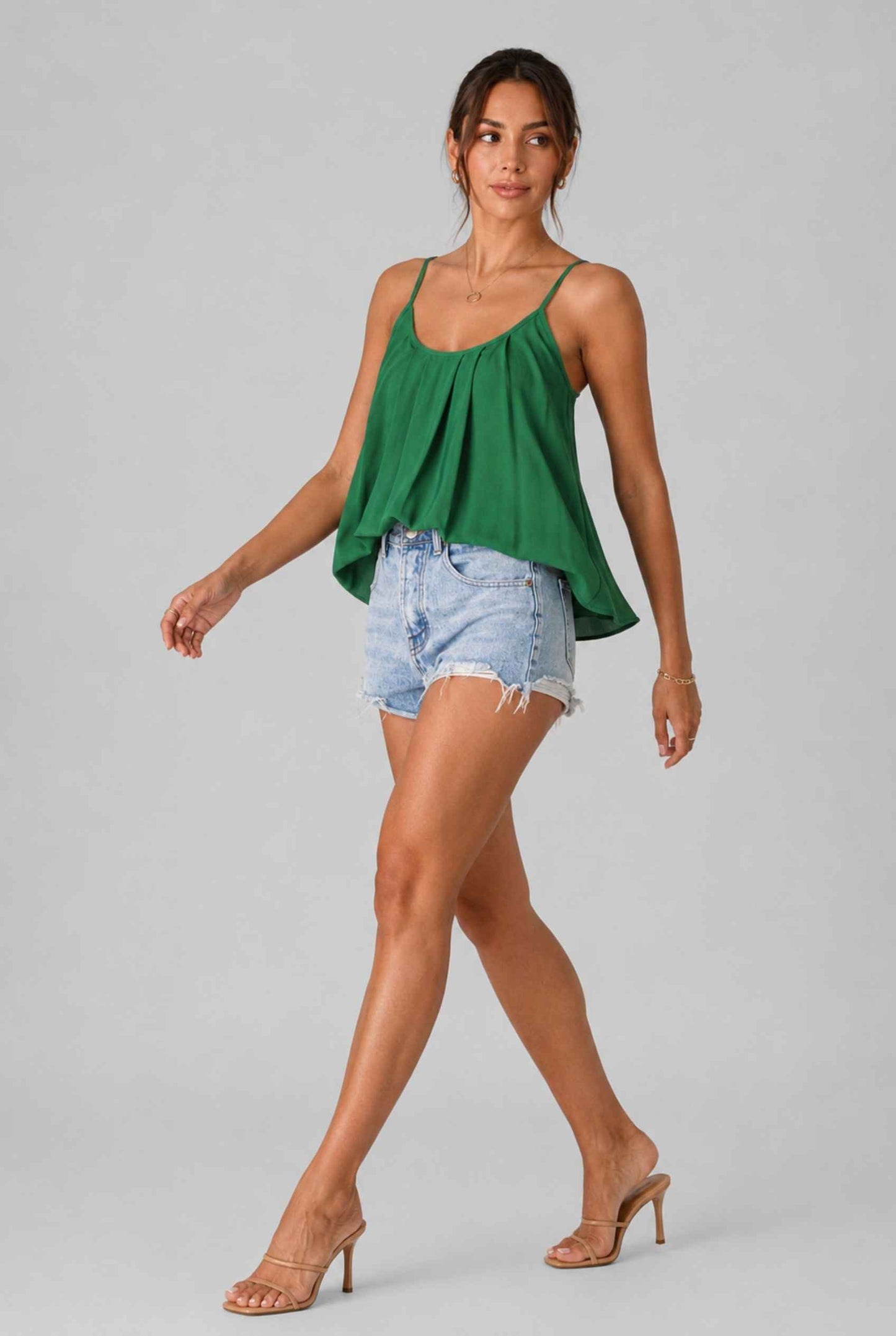 Virtual Model wearing The Maya Swing Camisole Pleated Scoop Neck Swing Green Tank Top