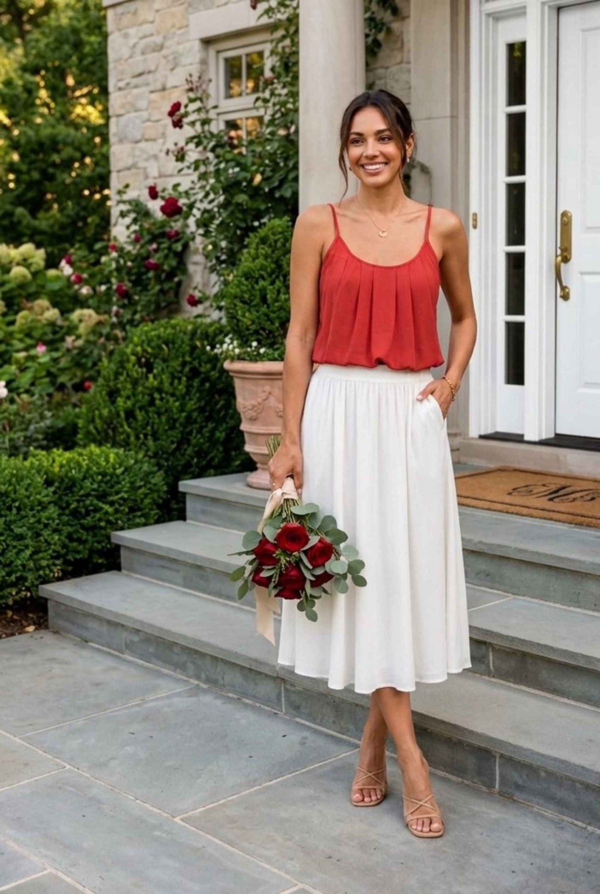 Virtual model wearing The Maya Swing Camisole Pleated Scoop Neck Swing Tank Top in Red