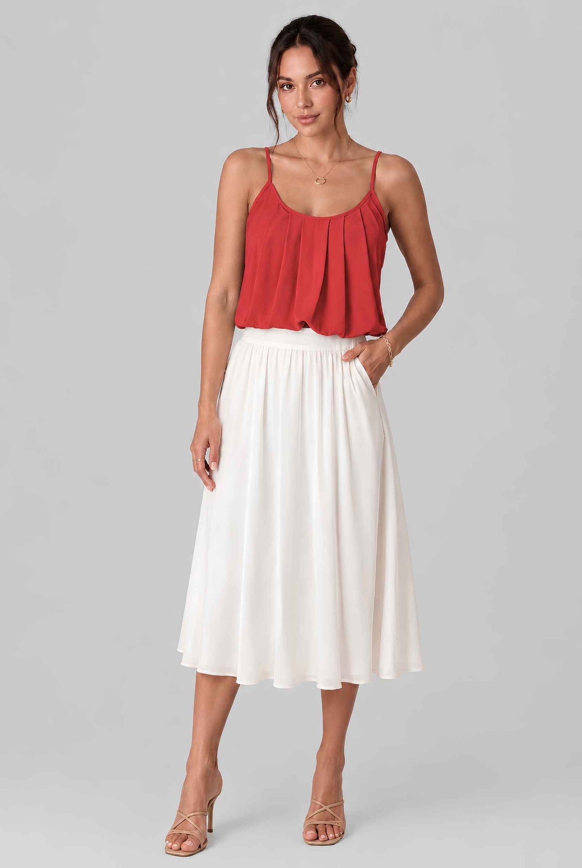 Virtual model wearing The Maya Swing Camisole Pleated Scoop Neck Swing Tank Top in Red