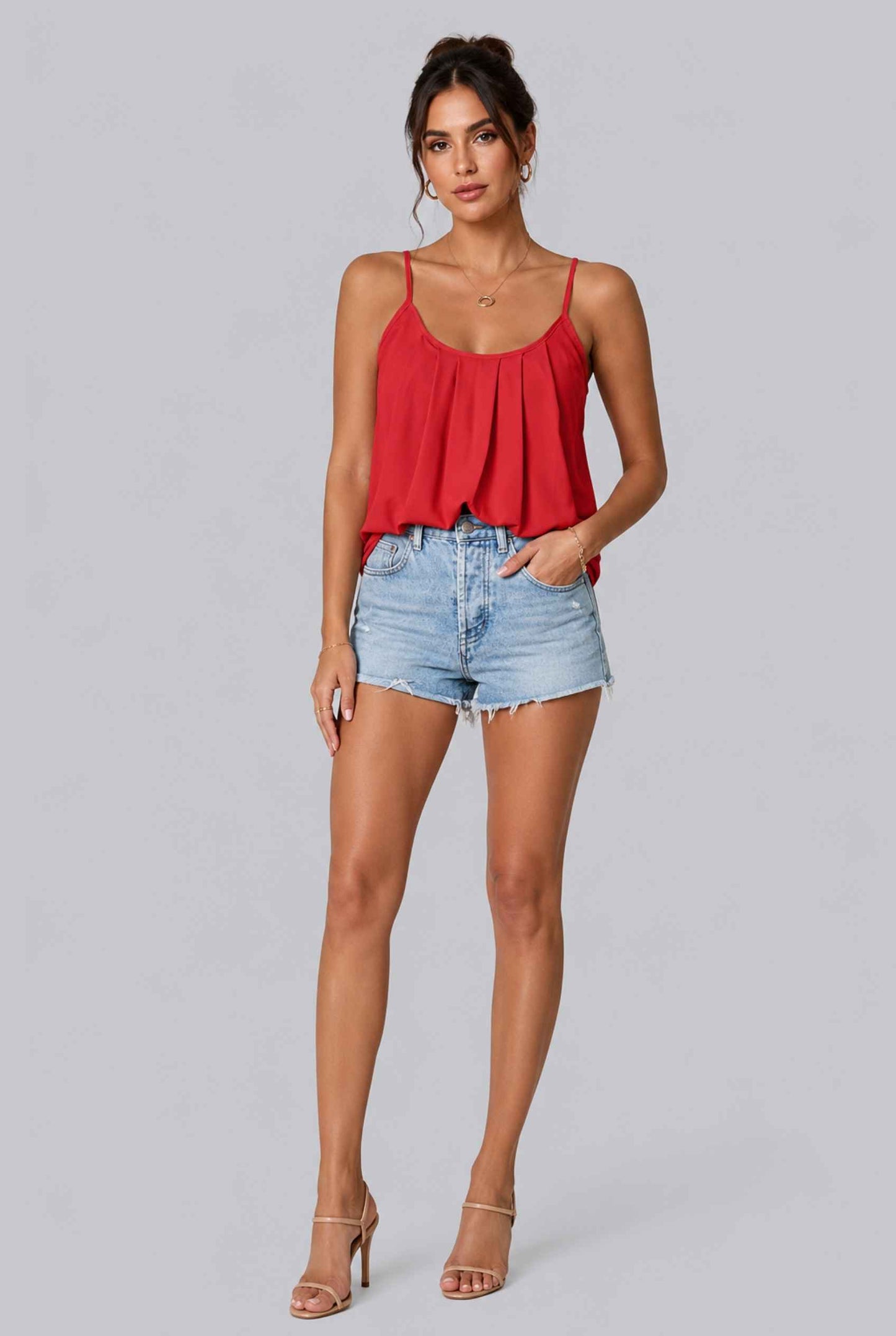 Virtual Model wearing The Maya Swing Camisole Pleated Scoop Neck Swing Red Tank Top