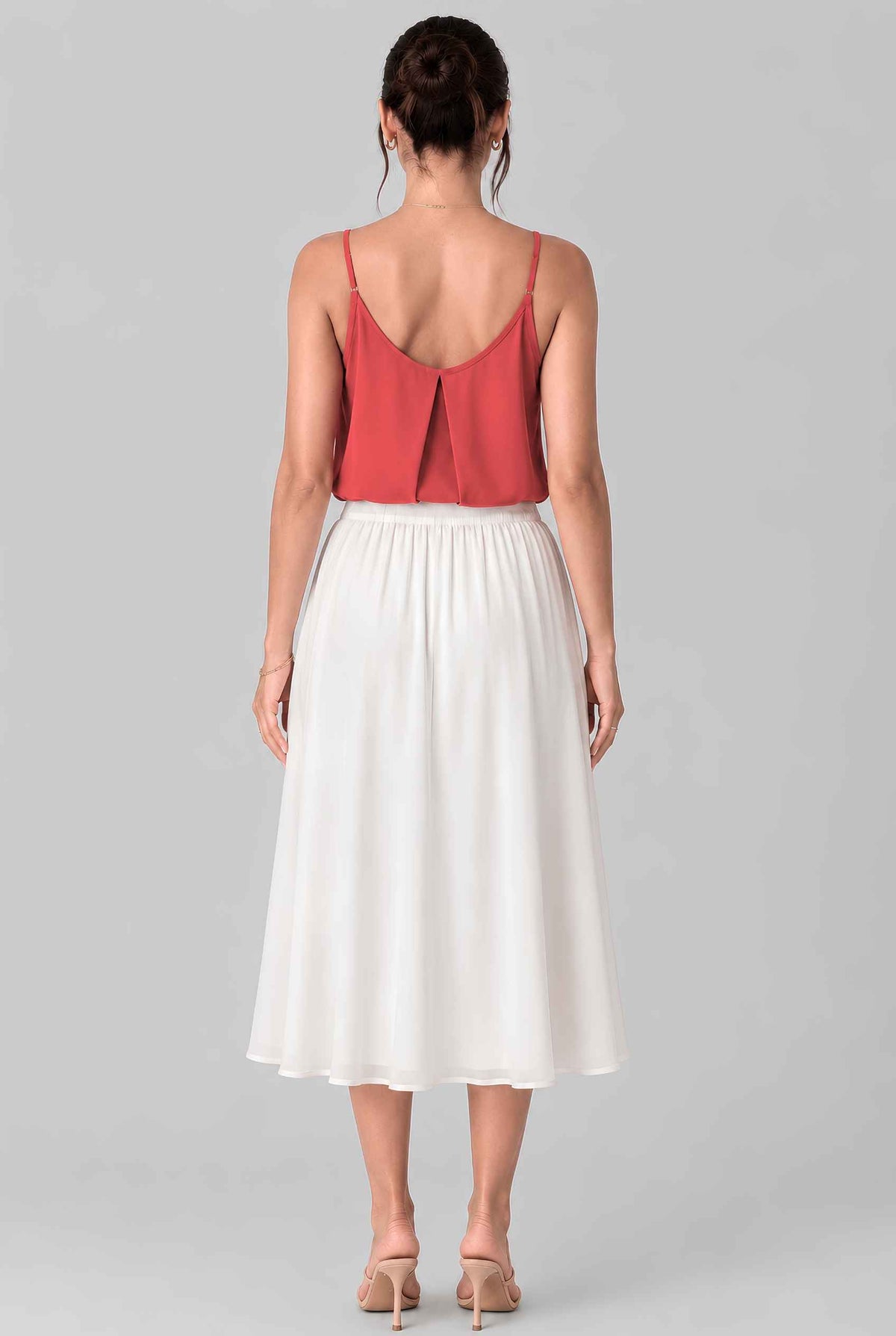 Virtual model wearing The Maya Swing Camisole Pleated Scoop Neck Swing Tank Top in Red