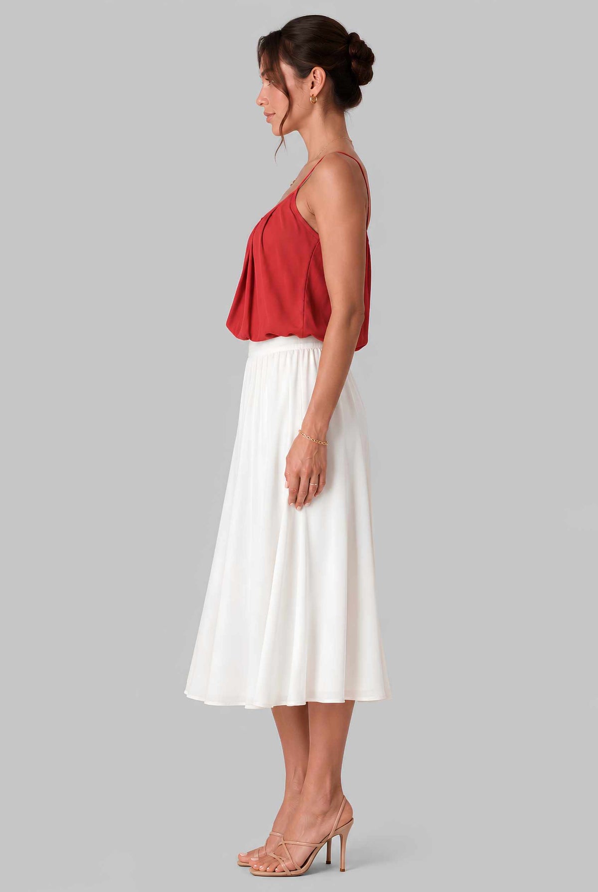 Virtual model wearing The Maya Swing Camisole Pleated Scoop Neck Swing Tank Top in Red