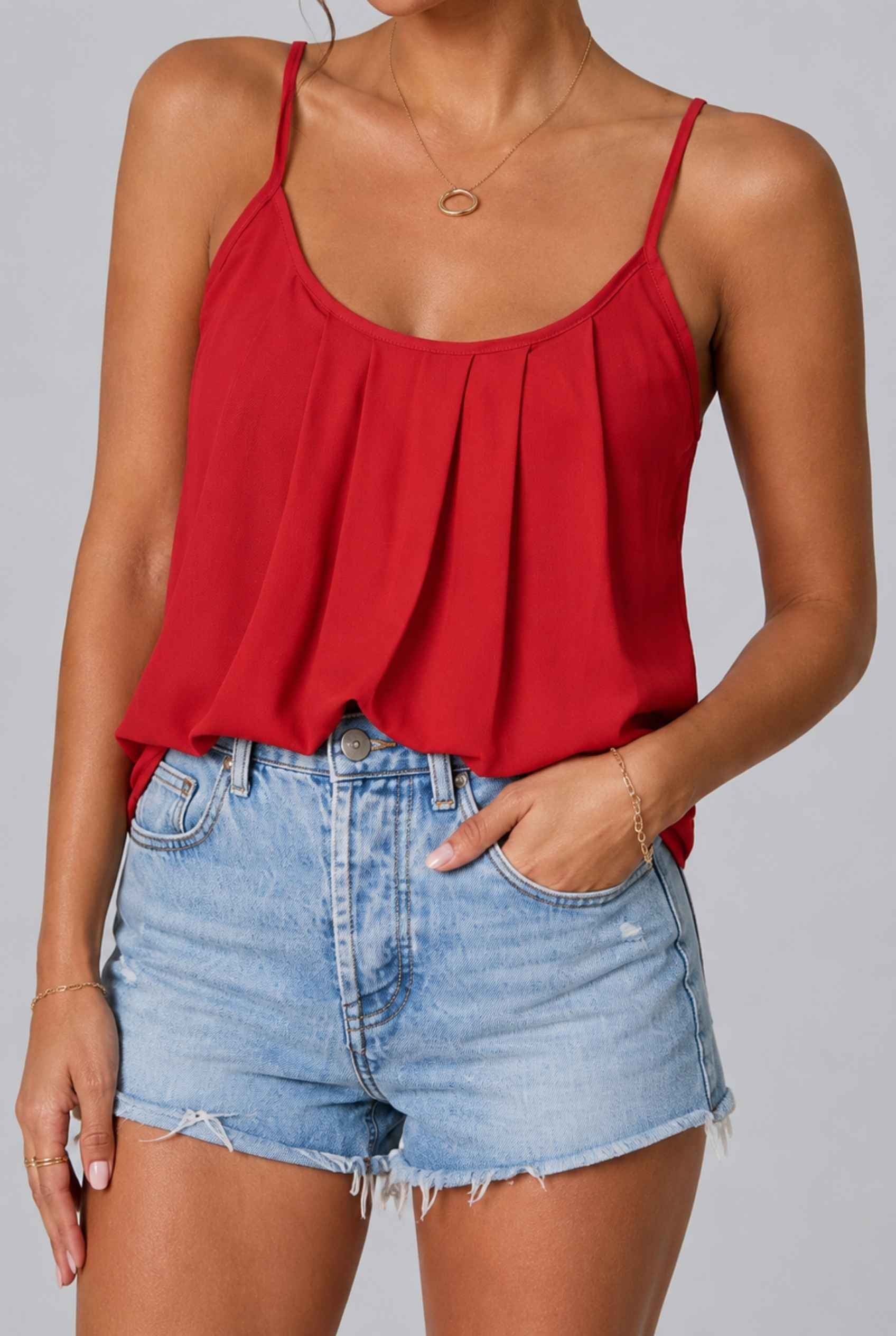 Virtual Model wearing The Maya Swing Camisole Pleated Scoop Neck Swing Red Tank Top