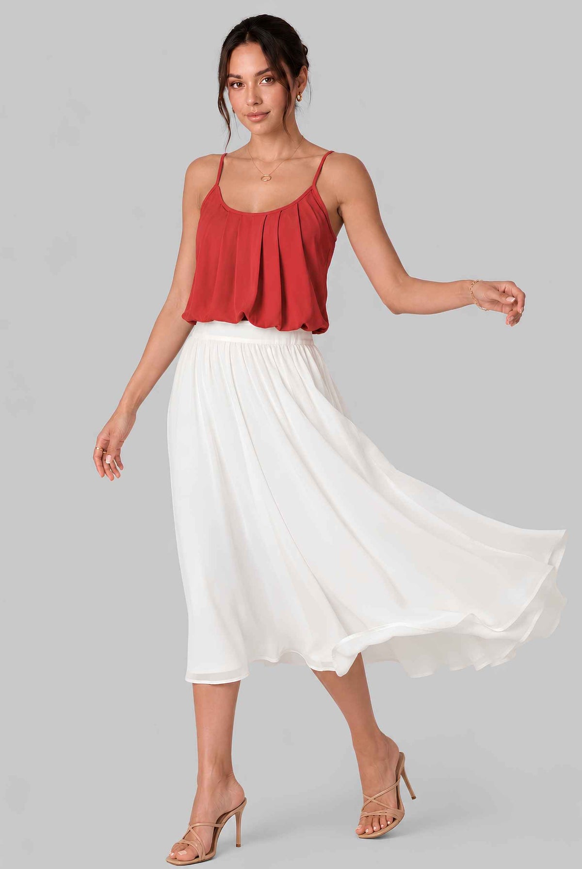 Virtual model wearing The Maya Swing Camisole Pleated Scoop Neck Swing Tank Top in Red