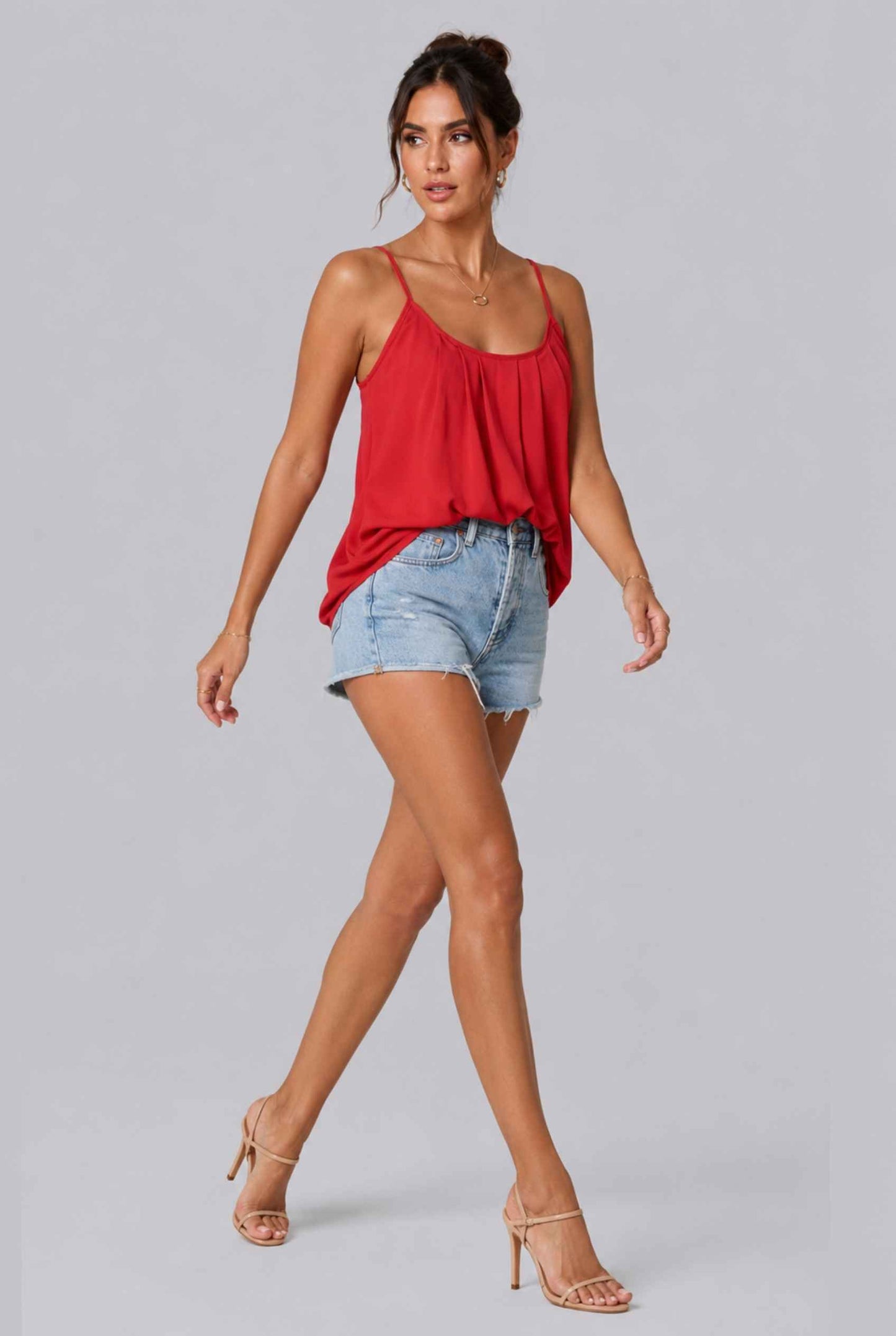 Virtual Model wearing The Maya Swing Camisole Pleated Scoop Neck Swing Red Tank Top