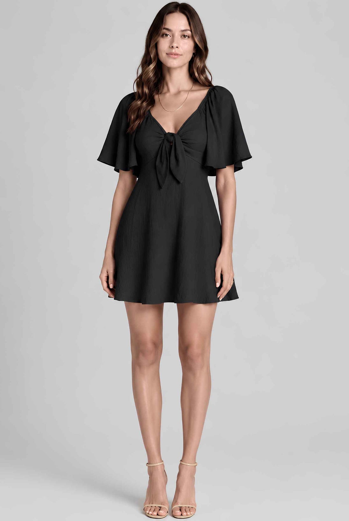 Virtual model wearing The Melody Flutter Sleeve Mini Tie-Front Flutter-Sleeve Mini Dress in Black