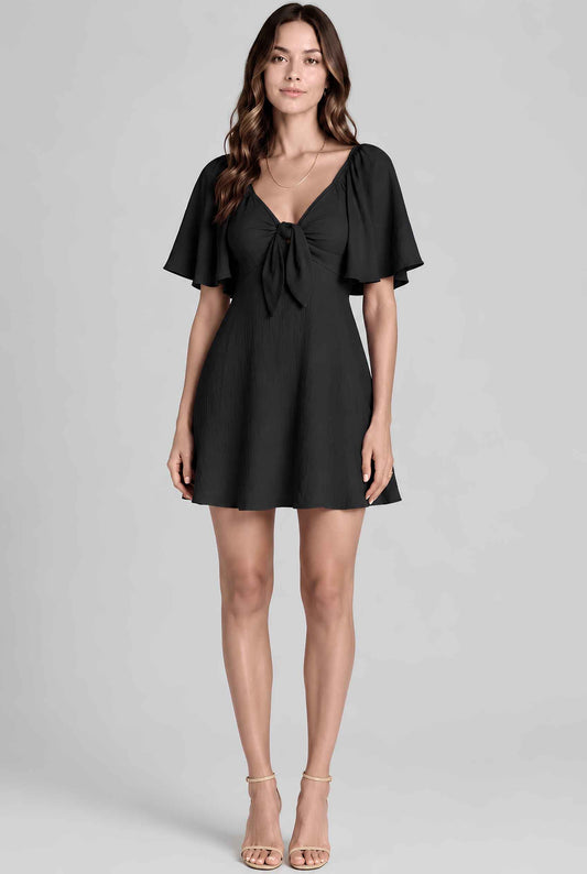 Virtual model wearing The Melody Flutter Sleeve Mini Tie-Front Flutter-Sleeve Mini Dress in Black