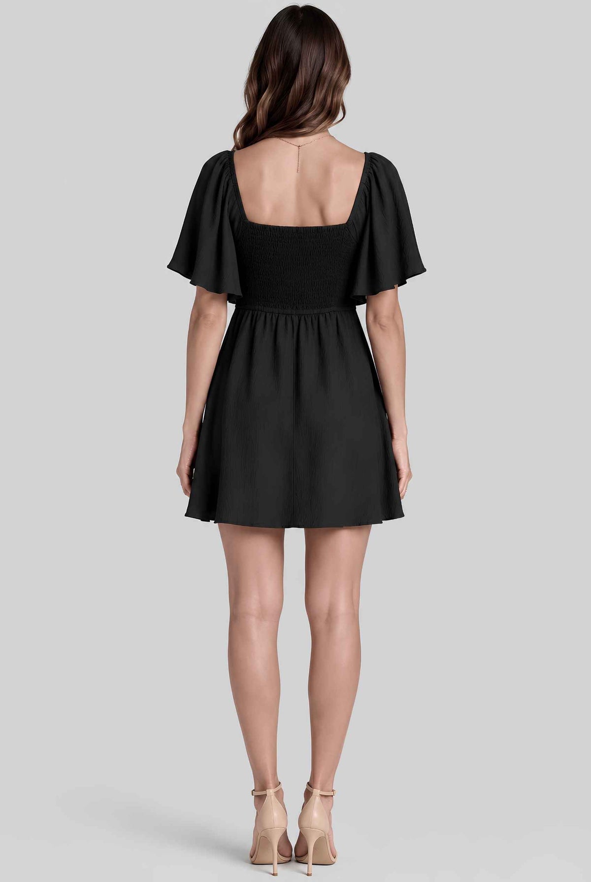 Virtual model wearing The Melody Flutter Sleeve Mini Tie-Front Flutter-Sleeve Mini Dress in Black