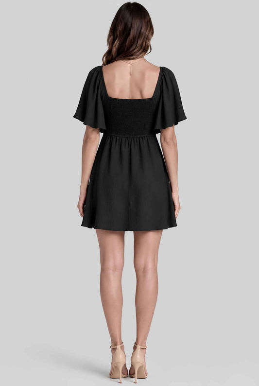 Virtual model wearing The Melody Flutter Sleeve Mini Tie-Front Flutter-Sleeve Mini Dress in Black