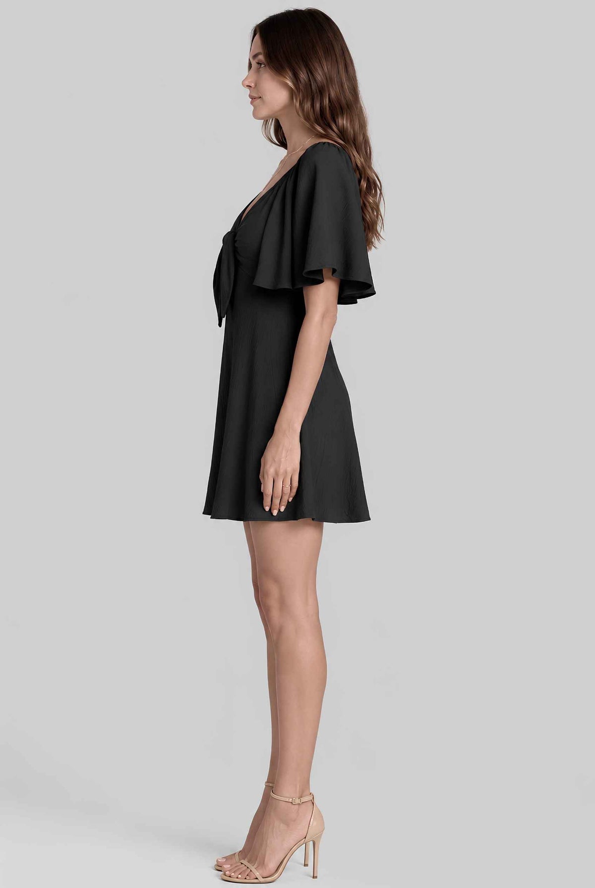 Virtual model wearing The Melody Flutter Sleeve Mini Tie-Front Flutter-Sleeve Mini Dress in Black