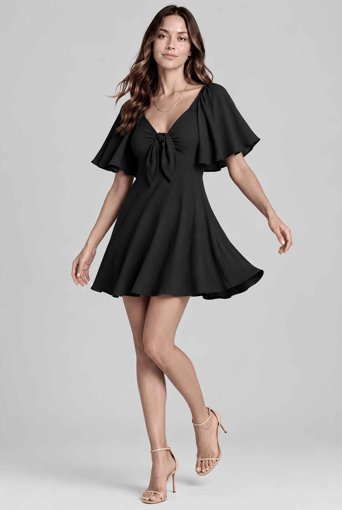 Virtual model wearing The Melody Flutter Sleeve Mini Tie-Front Flutter-Sleeve Mini Dress in Black