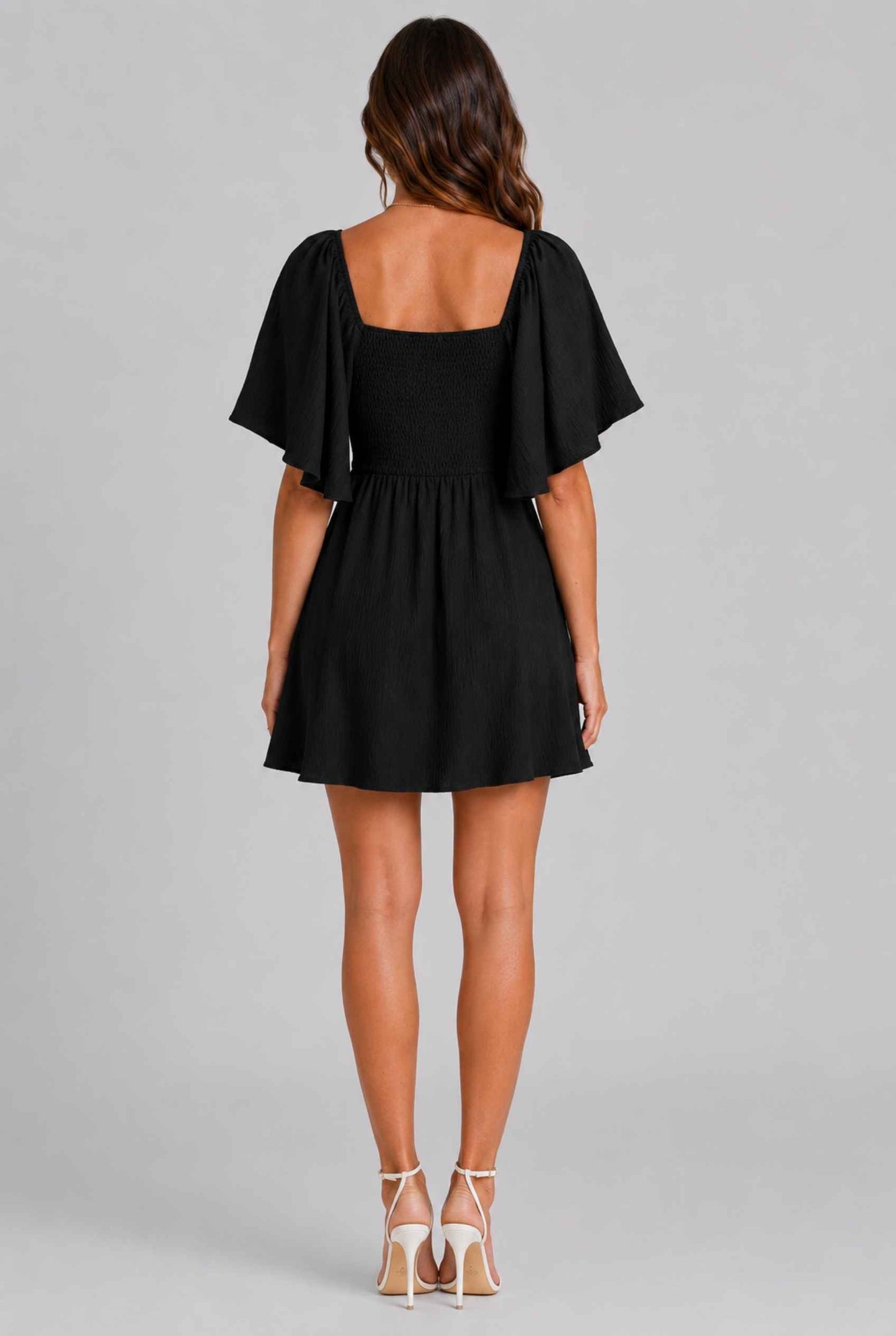 Virtual Model wearing The Melody Flutter Sleeve Mini Tie-Front Flutter-Sleeve Black Mini Dress