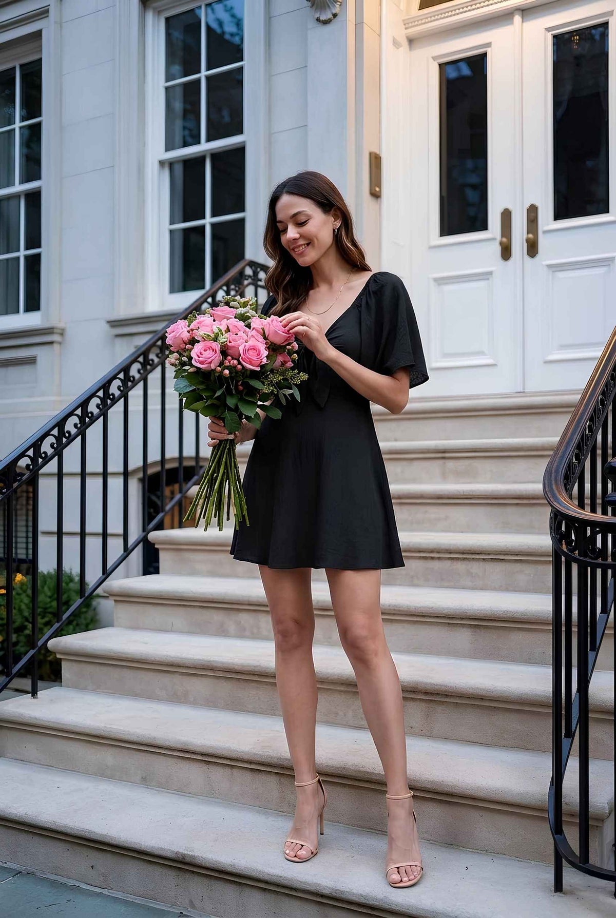 Virtual model wearing The Melody Flutter Sleeve Mini Tie-Front Flutter-Sleeve Mini Dress in Black