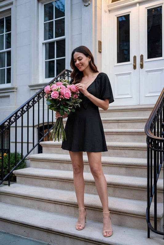 Virtual model wearing The Melody Flutter Sleeve Mini Tie-Front Flutter-Sleeve Mini Dress in Black