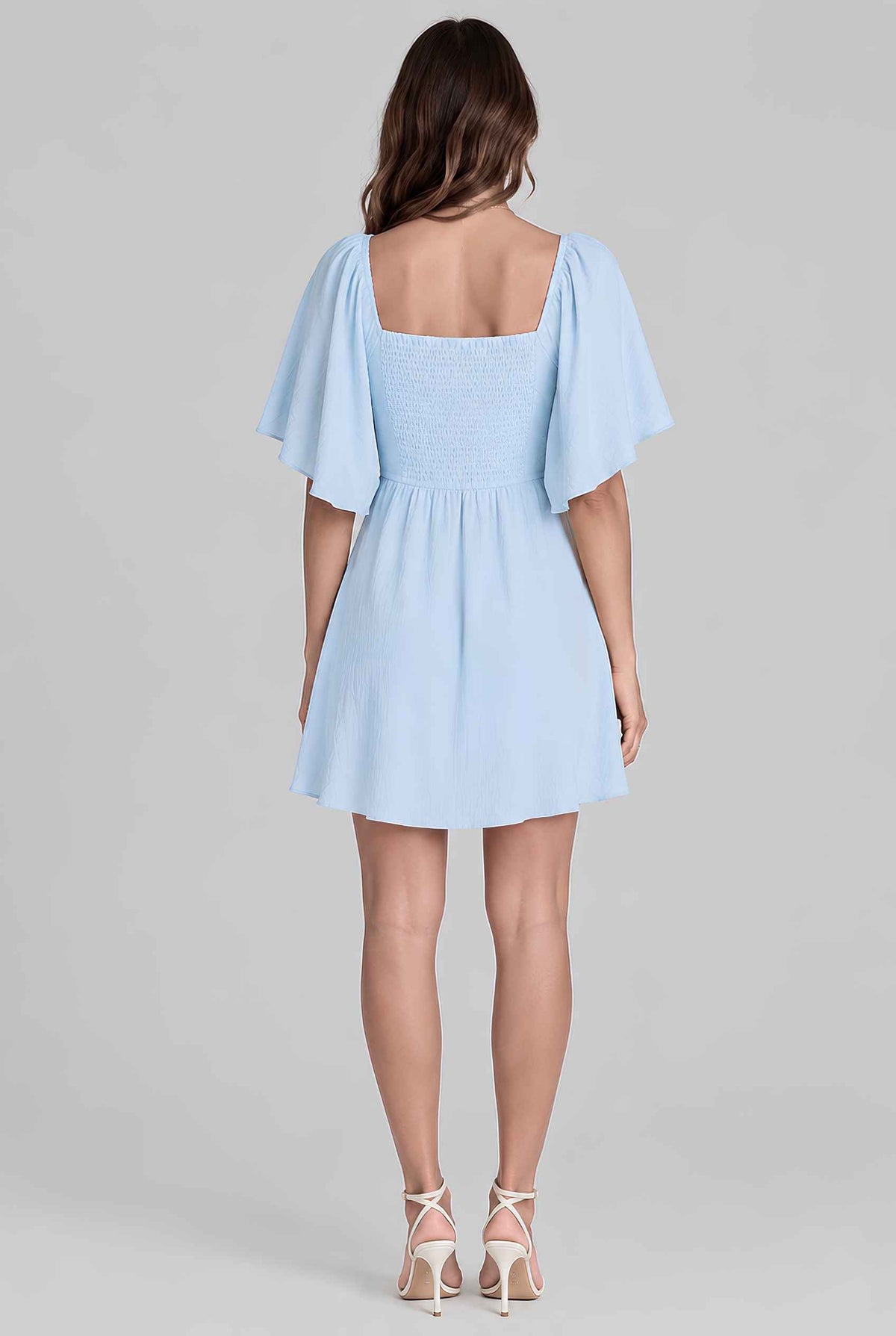 Virtual model wearing The Melody Flutter Sleeve Mini Tie-Front Flutter-Sleeve Mini Dress in Light Blue