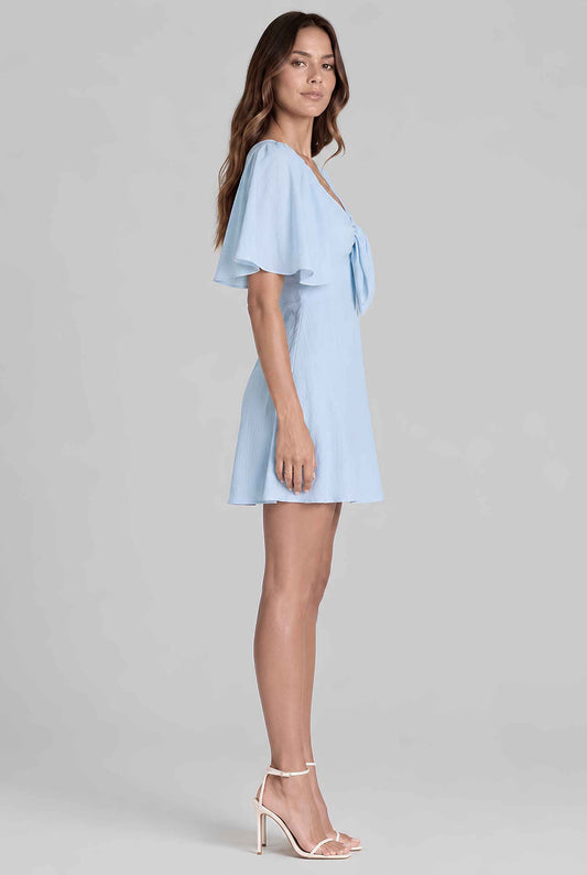 Virtual model wearing The Melody Flutter Sleeve Mini Tie-Front Flutter-Sleeve Mini Dress in Light Blue