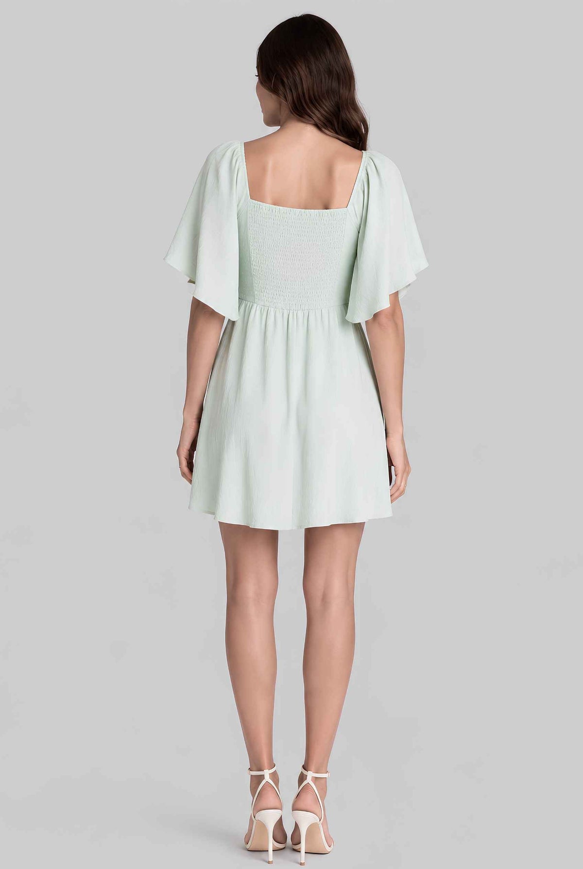 Virtual model wearing The Melody Flutter Sleeve Mini Tie-Front Flutter-Sleeve Mini Dress in Light Green