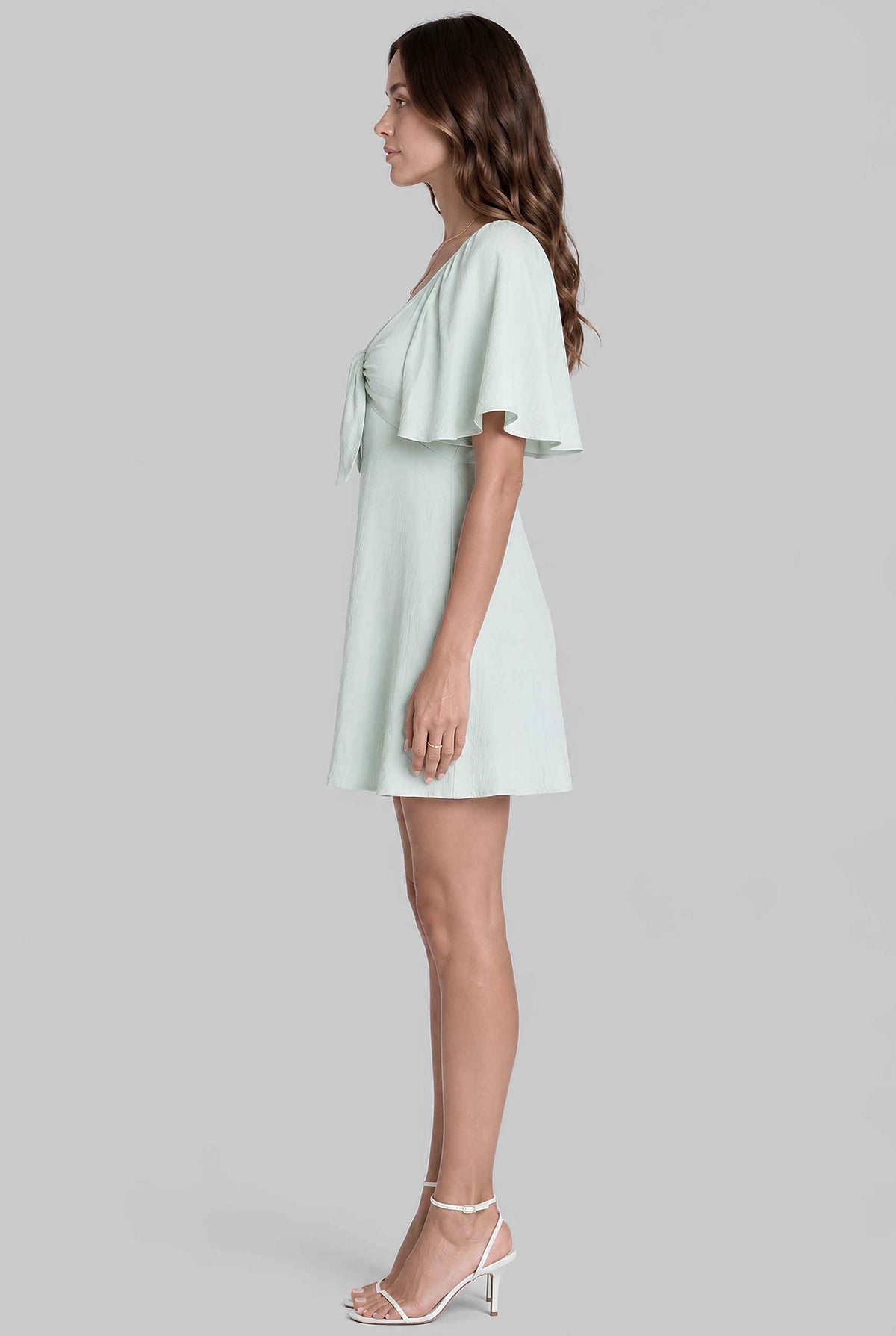 Virtual model wearing The Melody Flutter Sleeve Mini Tie-Front Flutter-Sleeve Mini Dress in Light Green