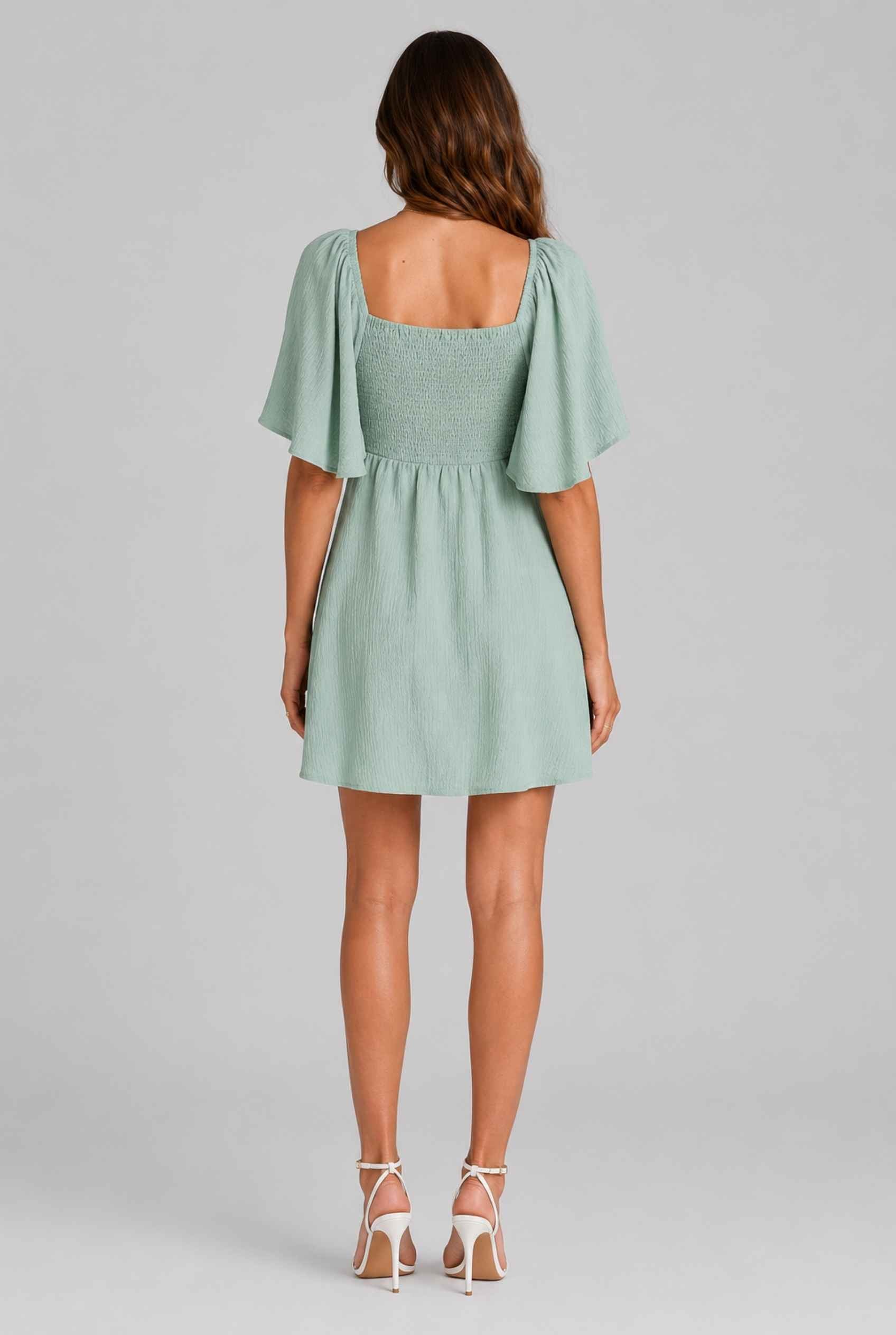 Virtual Model wearing The Melody Flutter Sleeve Mini Tie-Front Flutter-Sleeve Mint Mini Dress