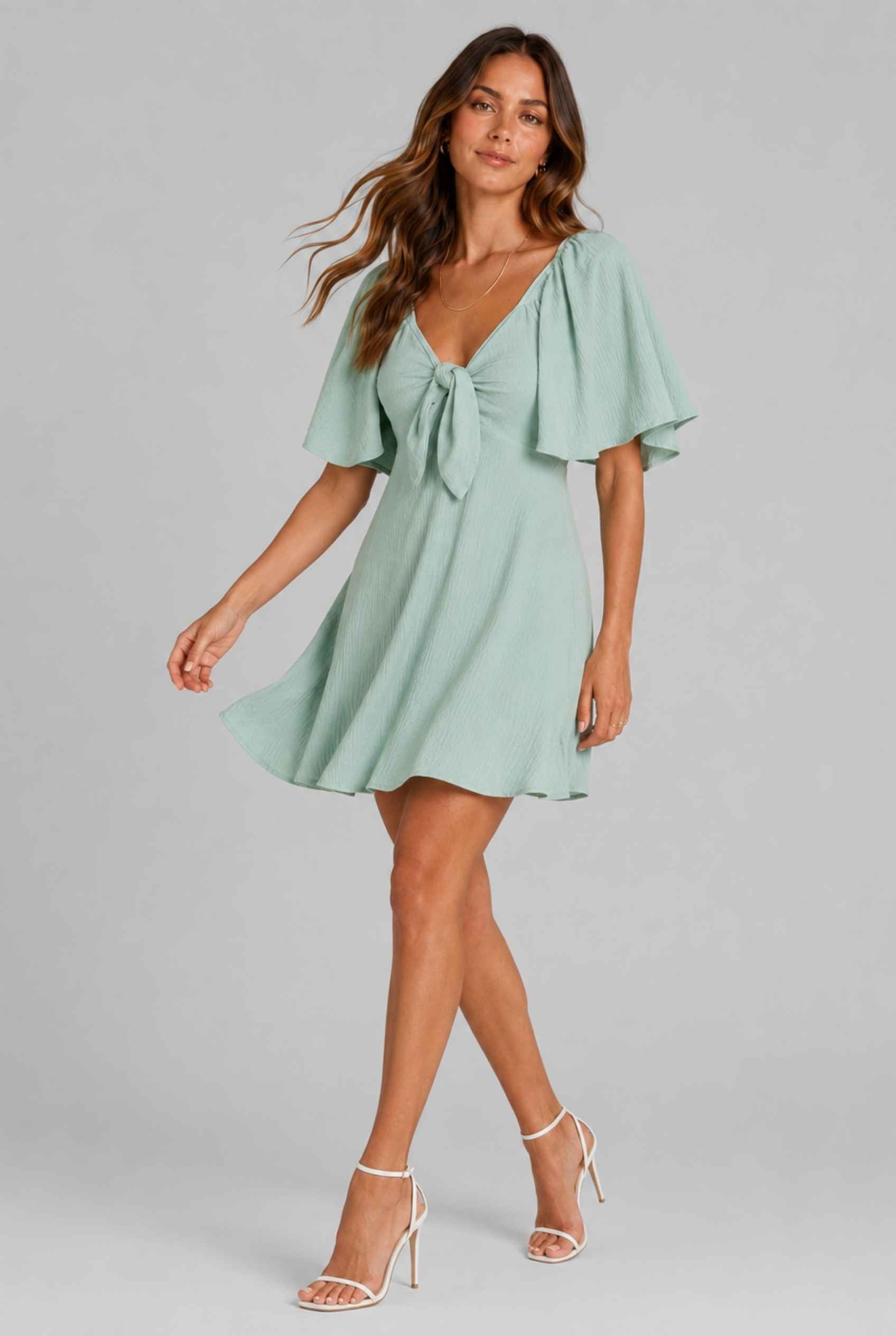 Virtual Model wearing The Melody Flutter Sleeve Mini Tie-Front Flutter-Sleeve Mint Mini Dress