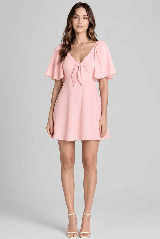 Virtual model wearing The Melody Flutter Sleeve Mini Tie-Front Flutter-Sleeve Mini Dress in Pink