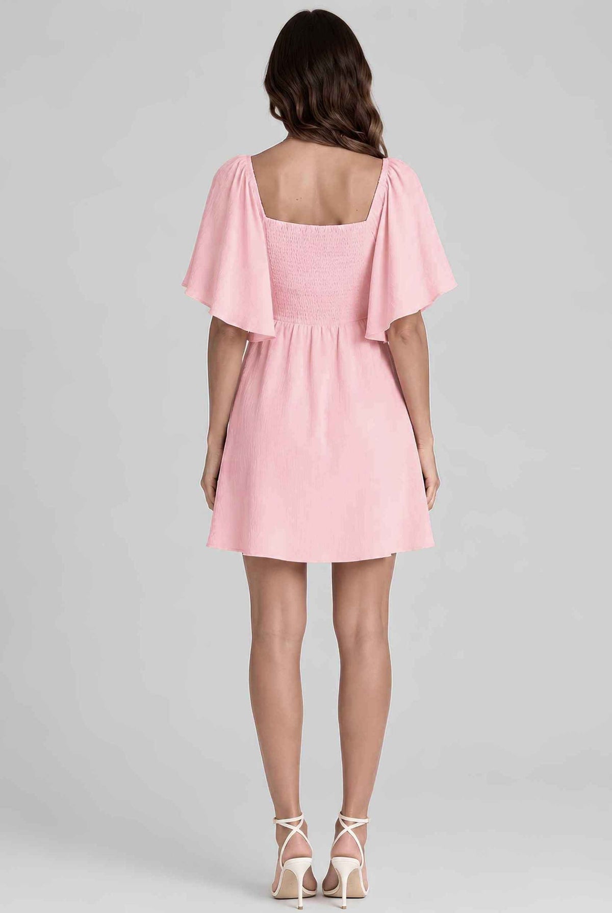 Virtual model wearing The Melody Flutter Sleeve Mini Tie-Front Flutter-Sleeve Mini Dress in Pink